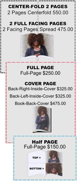 CENTER-FOLD 2 PAGES 2 Pages Centerfold 550.00 2 FULL FACING PAGES 2 Facing Pages Spread 475.00 FULL PAGE Full-Page $250.00 COVER PAGE Back-Right-Inside-Cover $325.00 Back-Left-Inside-Cover $325.00 Book-Back-Cover $475.00 Half PAGE Full-Page $150.00 Top > Bottom >