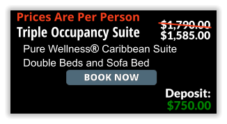 Book Now Triple Occupancy Suite Pure Wellness Caribbean Suite Double Beds and Sofa Bed $750.00 Deposit: $1,790.00 $1,585.00 Prices Are Per Person