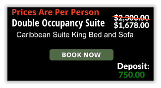 Book Now Double Occupancy Suite Caribbean Suite King Bed and Sofa 750.00 Deposit: $2,300.00 $1,678.00 Prices Are Per Person